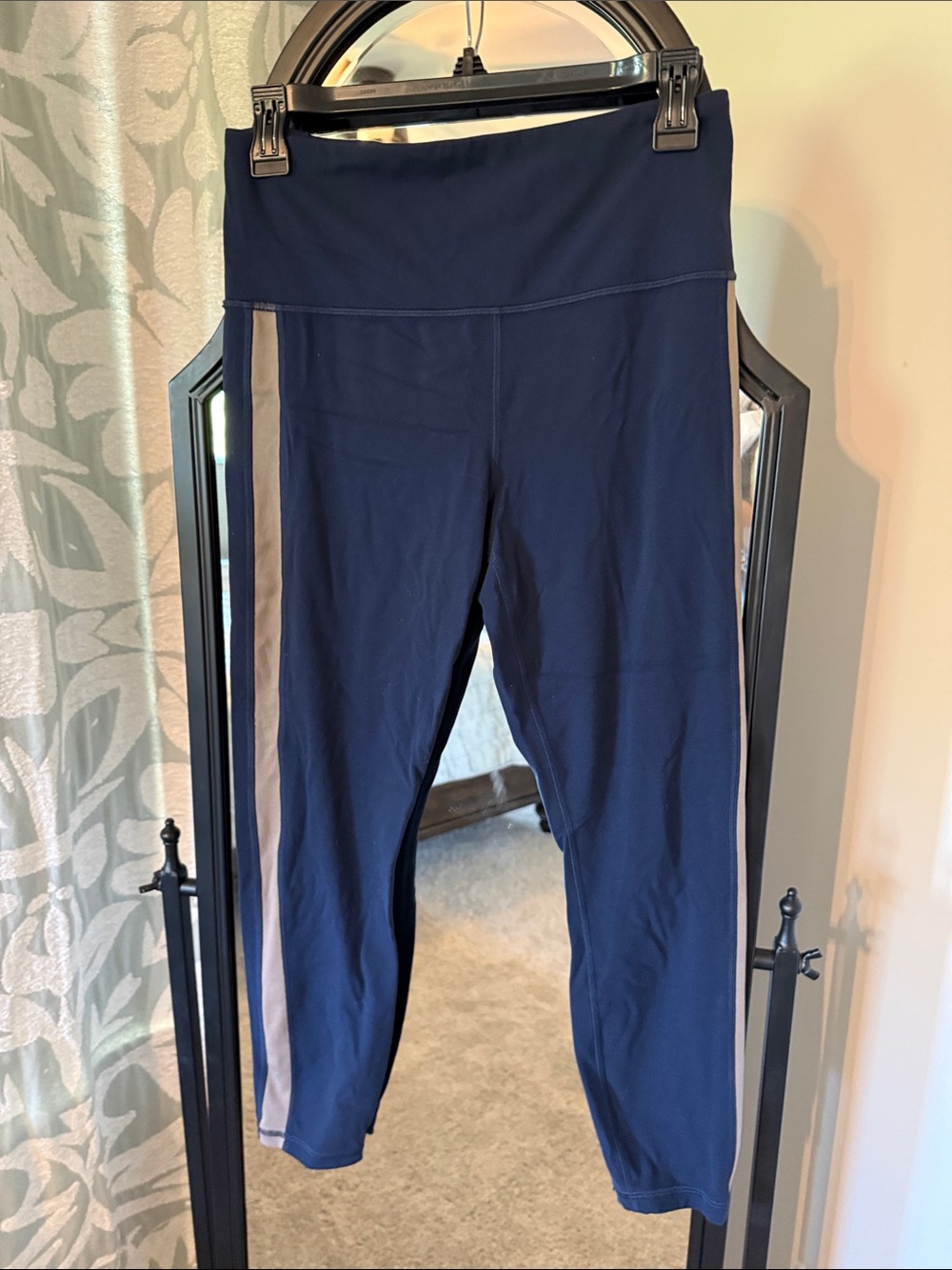 Athleta Navy Blue Leggings with Gray Side Stripe